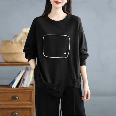 DIMANAF 2024 Pullover Autumn Buttons T-shirt Women Printing Solid Asymmetrical Full Sleeve Loose White Black