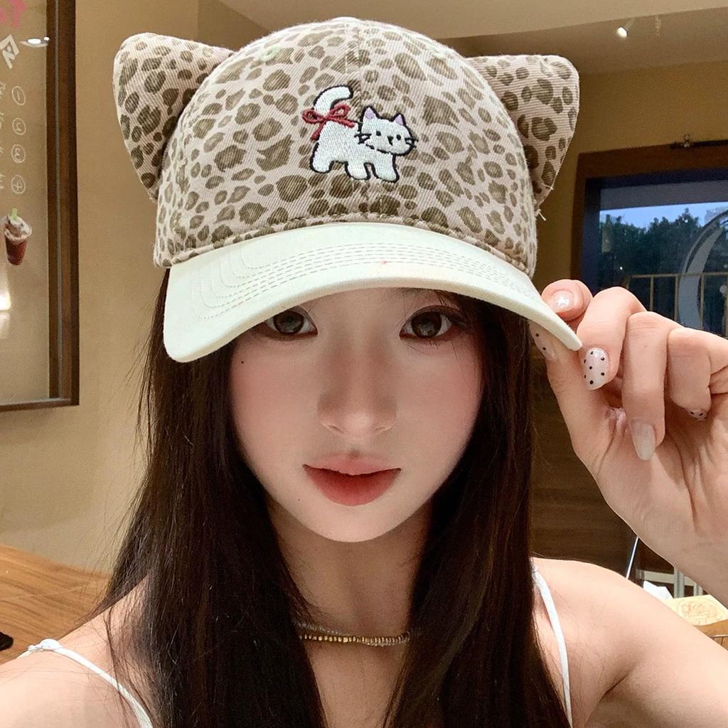 Fashion Hat Sweet Cute Leopard Print Cat Ears Cap Female Sweet Cool Wide Brim Plus Baseball Cap Fashion Big Head Hat