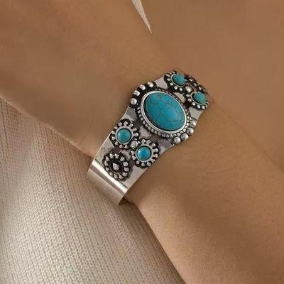 Turquoise Retro Court Style Open Bangle for Women, Japanese and Korean INS Inspired, Chic Niche Design