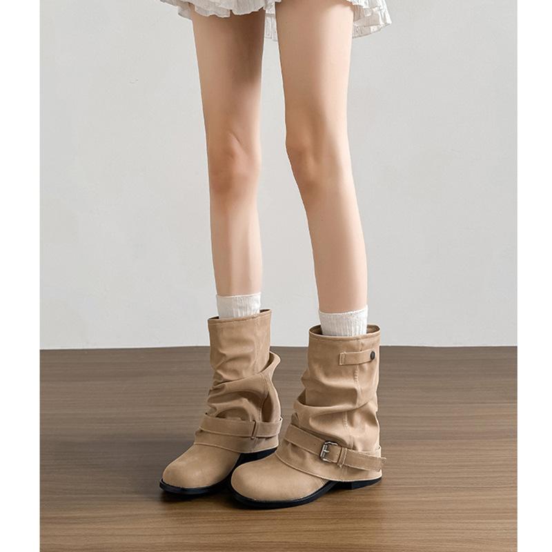 

Inner Heightening Western Cowboy Pile Boots Women s Autumn Pleated Pants Short Boots Vintage Knight Martin Boots 40 хаки