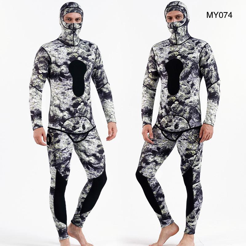 3mm Camouflage Two-Piece Wetsuit with Hood for Diving, Spearfishing, Freediving, and Snorkeling