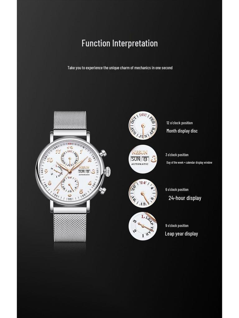 NESUN Herren Automatische Mechanische Uhr, Multifunktionale Wasserdichte Leder-Stahl Armbanduhr 9029