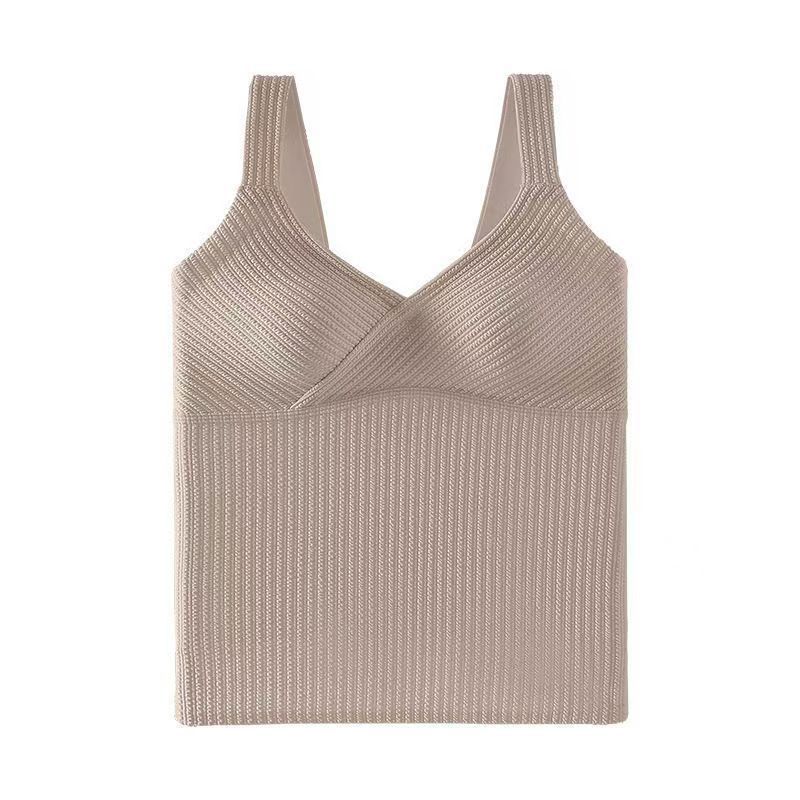 Womens Cross V Neck Ribbed Thermal Vest Removable Padding Slim Fit Long Camisole