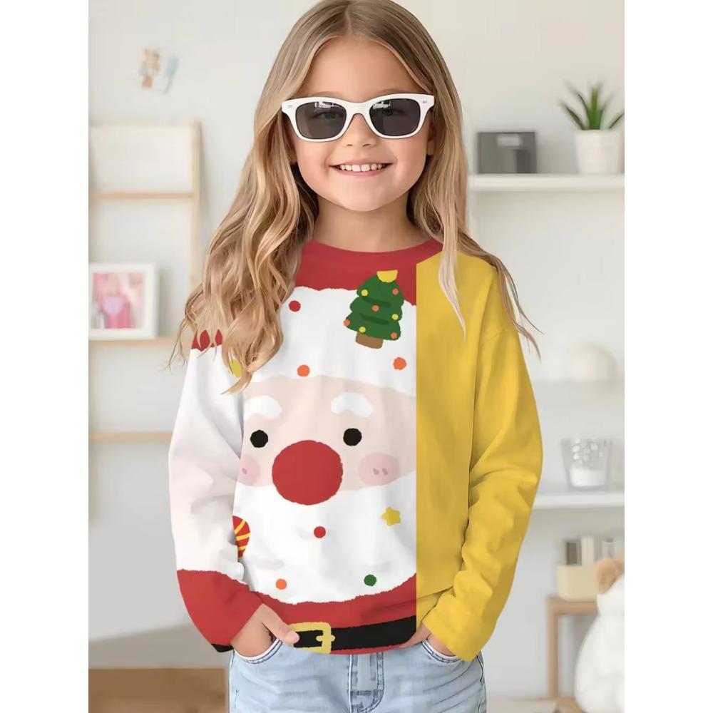 Christmas Santa Claus Print Girl Clothes Autumn Children Top Round Neck Long Sleeve Fashionable Comfortable Breathable Versatile Sports T-shirt