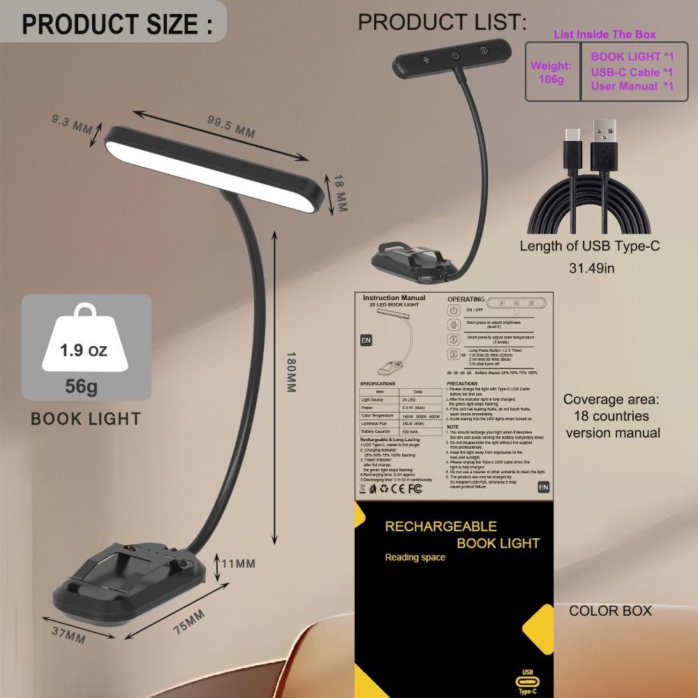25 LED LED Reading Light 3 Colors Bookmark Lamp Portable Mini Book Light  Travel