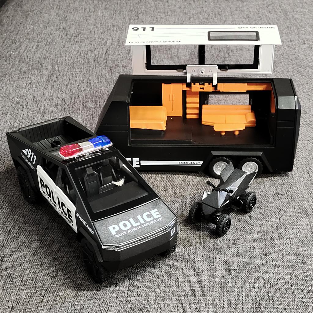 1/32 Tesla Police Cybertruck Trailer Off Road Pickup Truck Diecast Model Car Alloy Children's Toy RV Sound & Light Music Birthday Gift
