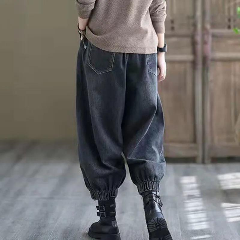 Women's High-waisted Wide-leg Jeans, Ankle Banded Trousers, Blue, Loose Harlan Pants, Female Casual Bloomers, Trend Fashion, New,