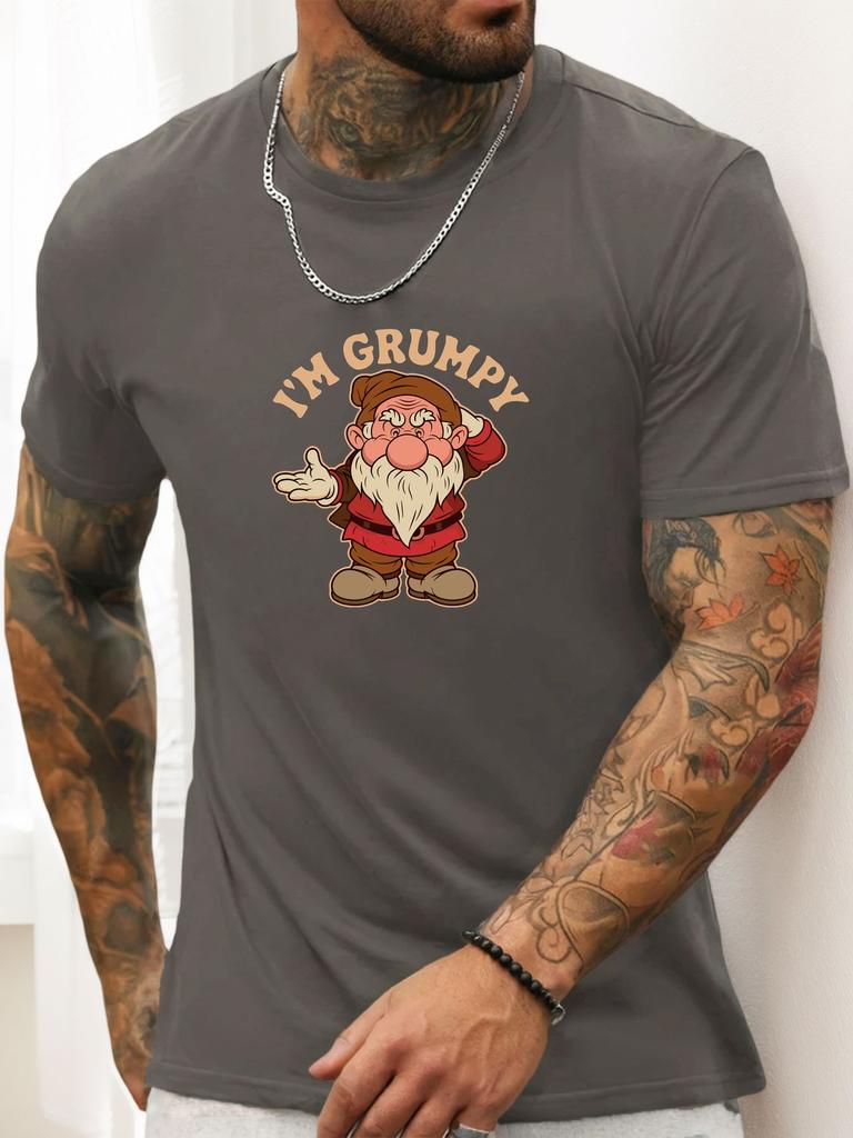 Grumpy Dwarf Cartoon Letter Print Unisexs Crew Neck Short Sleeve Tee Soft Casual Summer Top For Unisex Daily Street Basic Outfit Wear