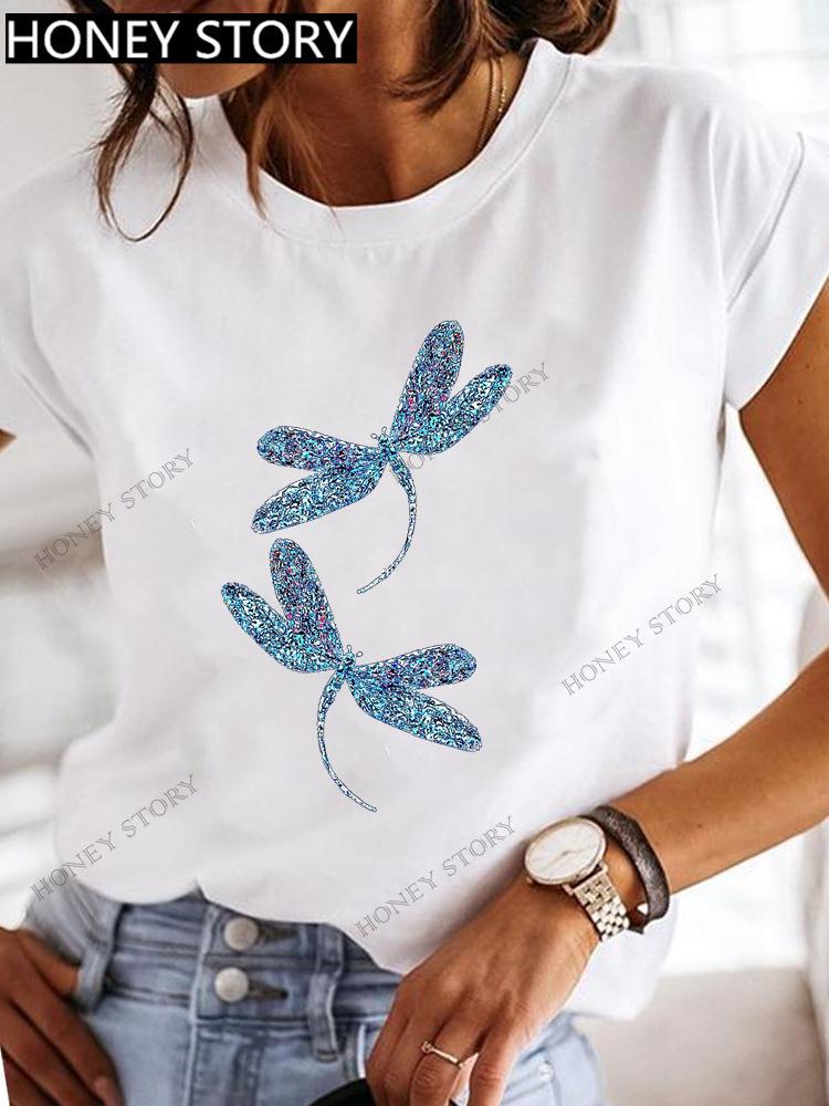 Dragonfly Butterfly Print Base Top Loose Women's Short-sleeved T-shirt Round Neck Oversized T Shirt  Women Clothes