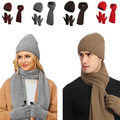 3 In 1 Hat Scarf Gloves Set Soft Winter Cable Beanie Hat Simple Touchscreen Gloves for 3Pcs/Set Men