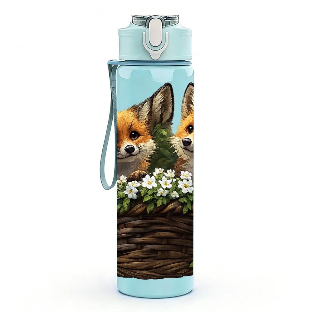 1PC Two Fox In Woven Basket Print 750ml Color Plastic Sports Water Bottle Leakproof Flip Straw Lid Suitable for Sports Office Home Use