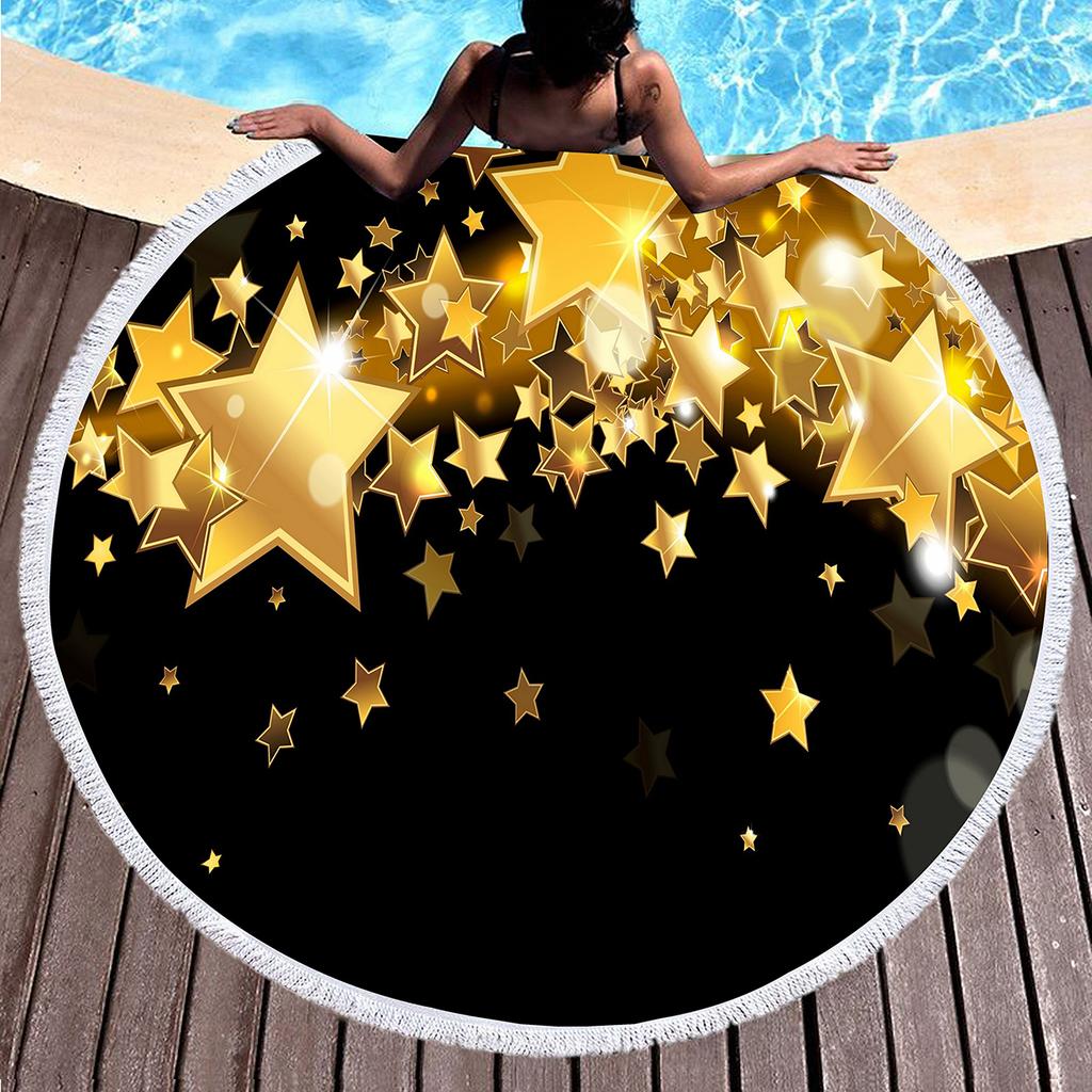 Luxury Gold Vintage Floral Round Beach Towel with Tassels, Microfiber Quick Dry Beach Blanket Absorbent Meditation Rug Yoga Mat
