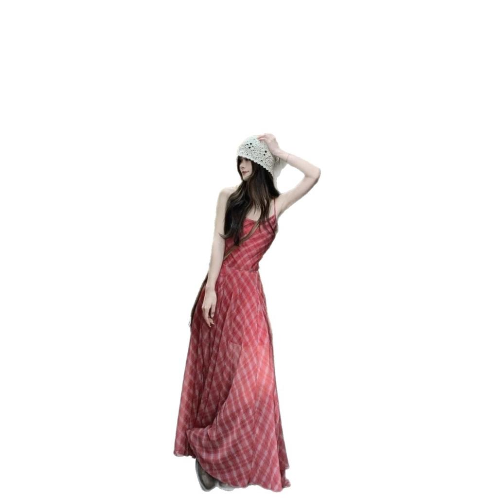 New Casual Temperament Waist Thin Splicing Red Plaid Long Suspender Dress Women's Vacation Film