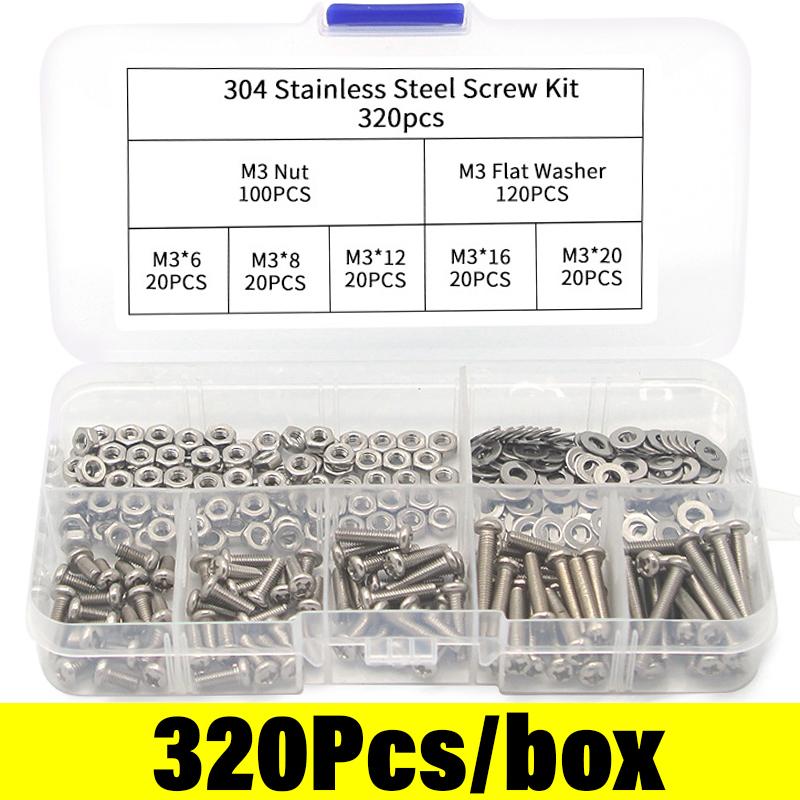 640/320pcs M3 Stainless Steel Hexagon Hex Socket Screw Nut Set Flat Round Caps Head Bolt Assortment Kit Allen Bolts Set Hardware