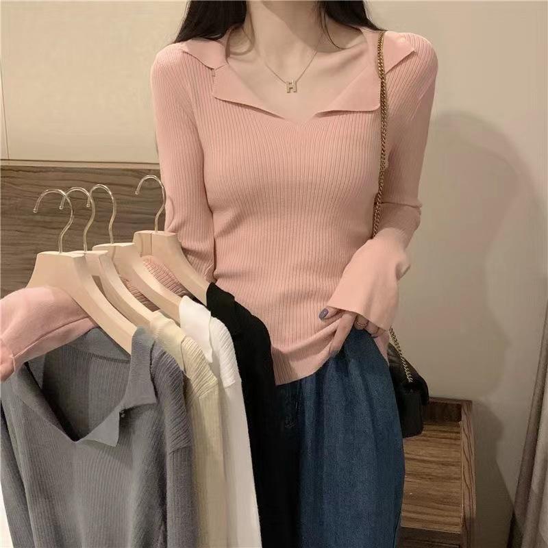 Lapel Base Layer Sweater Women Autumn Winter Womenswear Slim Soft Knit Top