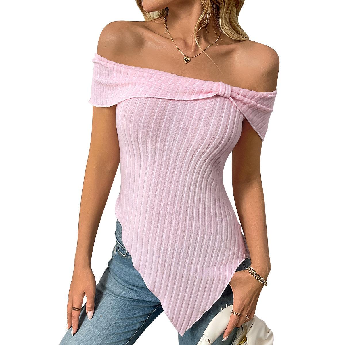 Summer Women s Slim Asymmetrical One Shoulder Sweet Sexy T-shirt Top, Crossbody Europe America Casual Tee S розовый