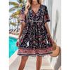Women‘s V Neck Short Sleeve A-Line Mini Dress Print Loose Casual Summer Gown