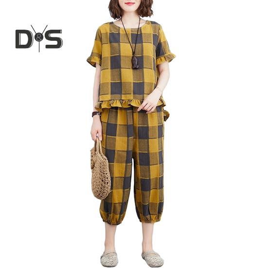 

Женский комплект из 2 предметов для отдыха, повседневный клетчатый топ большого размера с короткими рукавами и спортивные брюки, летний свободный наряд 2XL жёлтый