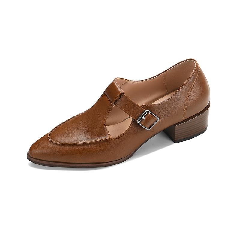 

Мягкие кожаные одинарные туфли женские ретро на низком каблуке с острым толстым каблуком коричневые туфли Мэри Джейн с Т-образной пряжкой 39 коричневый