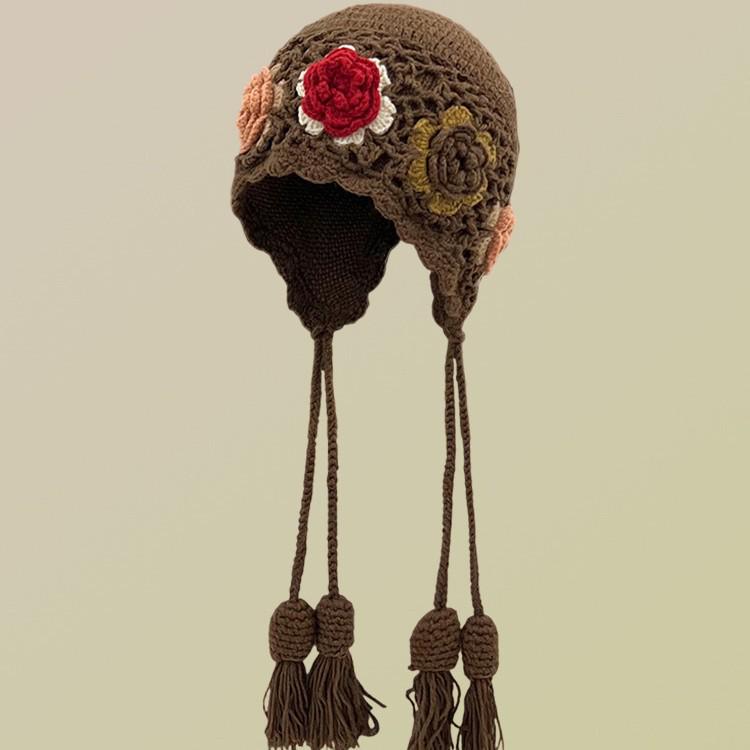 Women's Hand-Knitted Wool Hat with 3D Flowers and Tassels - Ethnic Style Ear Protection for Autumn/Winter Warmth.
