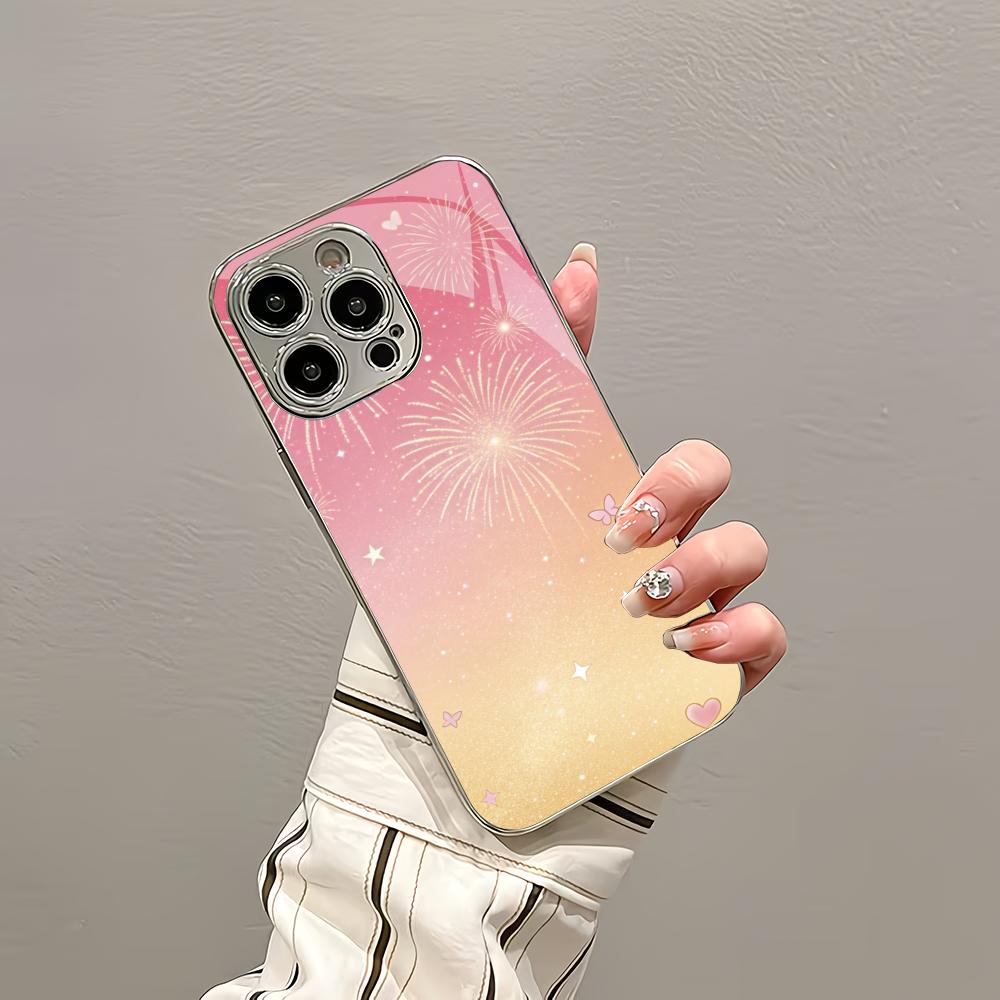 Pink glitter silver plated glass phone case suitable for iPhone 17 16 15 14 13 12 11 Pro/Max/Plus scratch resistant