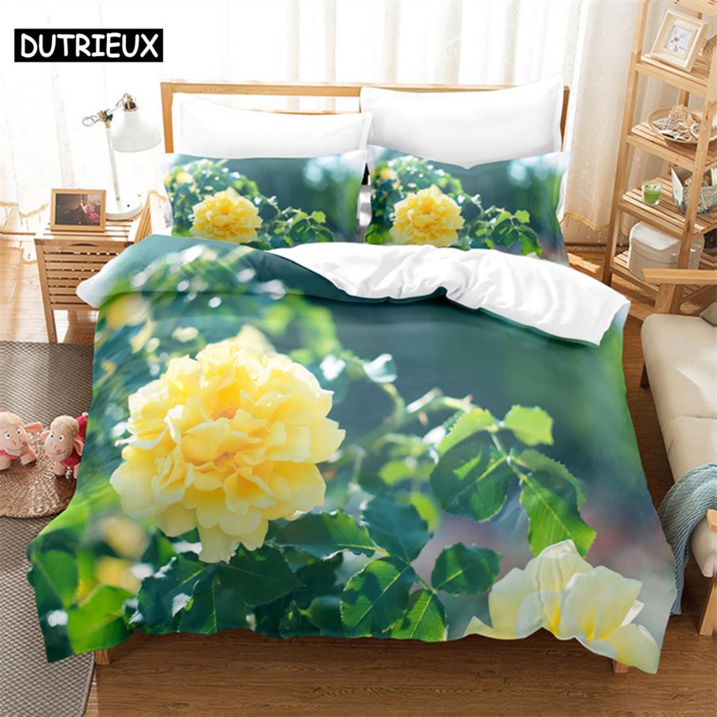 Flowers Green Leaves Queen Bedding Set Duvet Cover Bedroom Bed Set Comforter Cover Set King Size Duvet Cover Set Bedding Sets