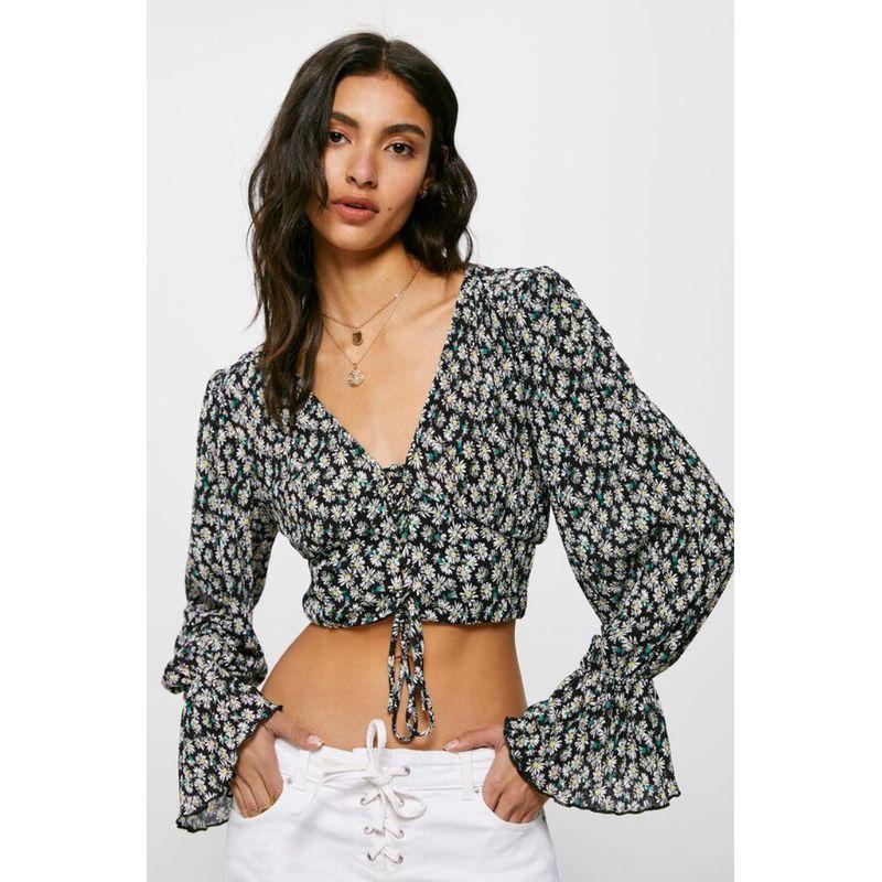 

Spanish High Spirits Adjustable Pleated Open Waist Design Petal Drawstring Top Sleeve V-neck Daisy Print Top Black Daisy Print 8 XL