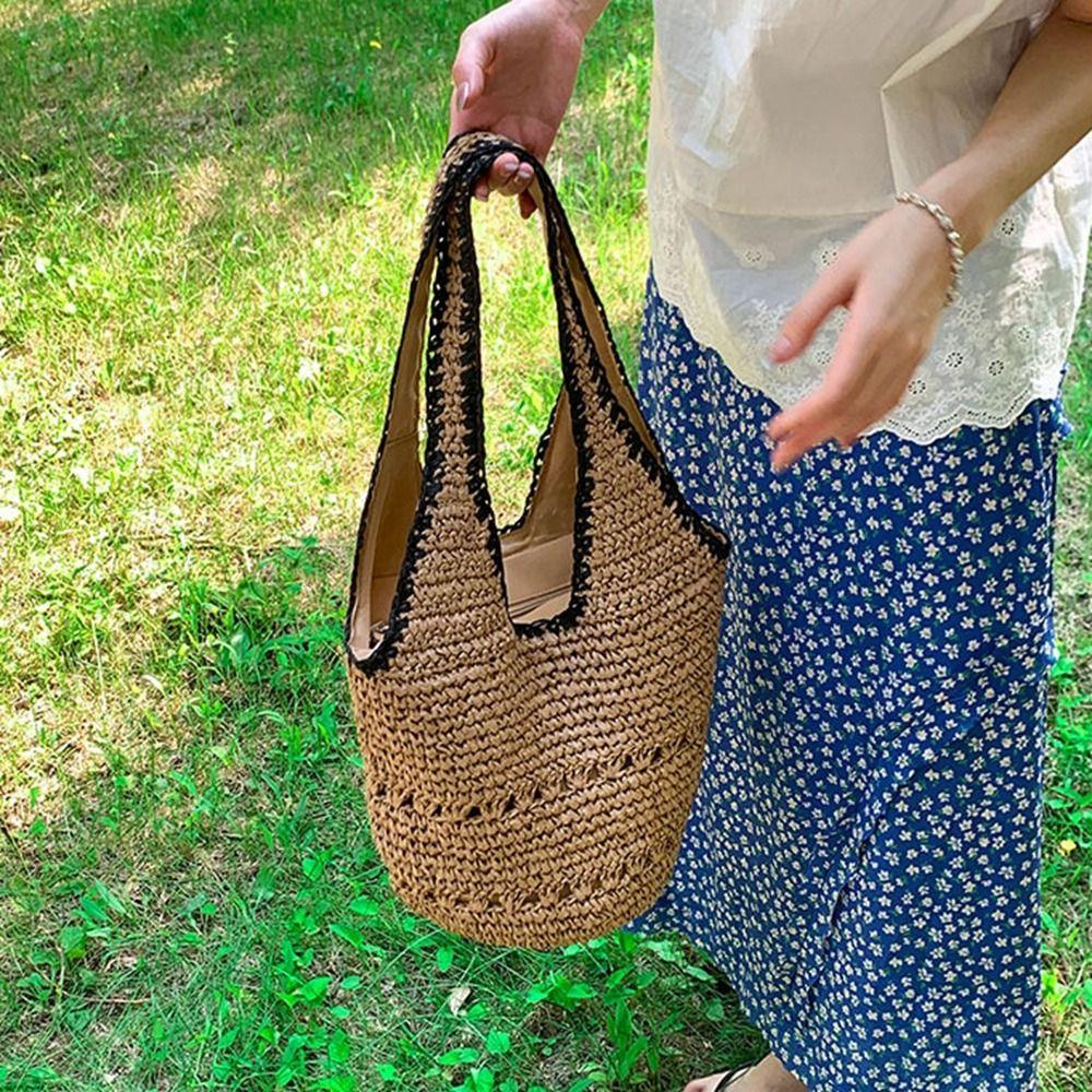 

Handmade Lafite Straw Bag Fashion Grass Woven Bag Leisure Summer Beach Handbag Girls бежевий