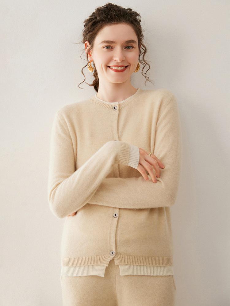 Trending Cashmere Sweater: Two-Piece Color Block, Soft Knit Round Neck, Women's Cardigan