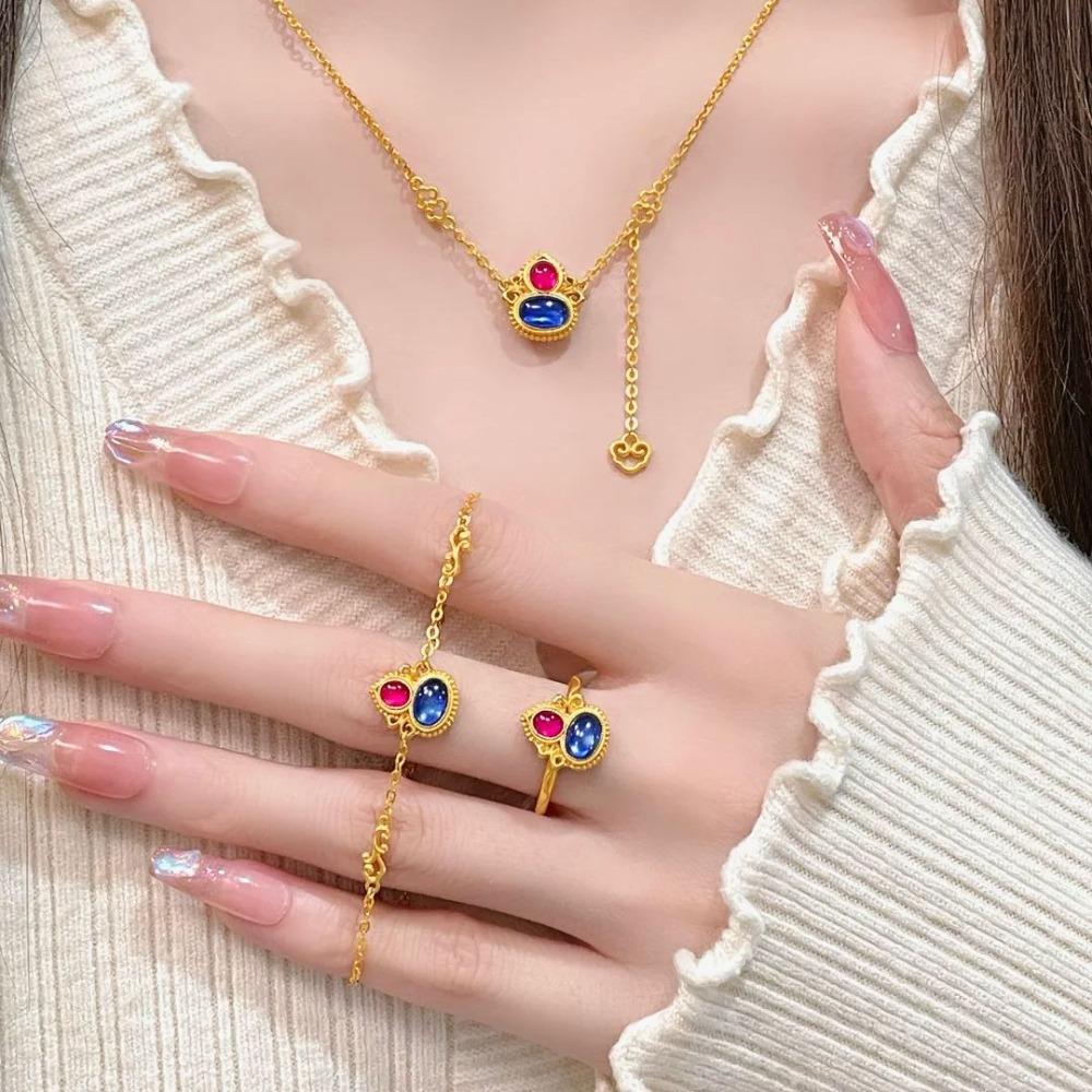 Women Jewelry Set Chinese Palace Style Floral Pendant Necklace Enamel Gourd Bracelet Cloud Earrings Ring