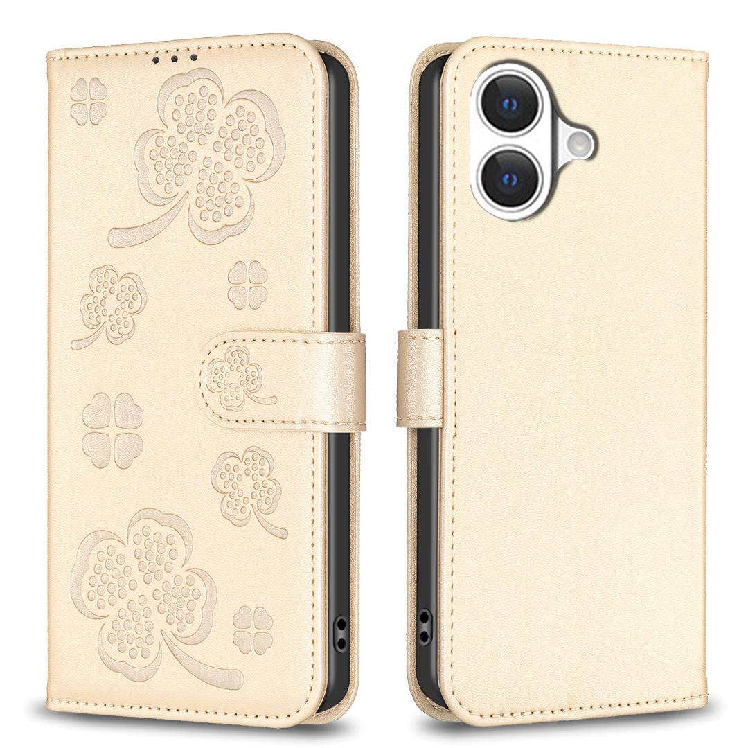 

For iPhone 17 Case Clover Pattern Wallet Stand View Leather Phone Cover Gold