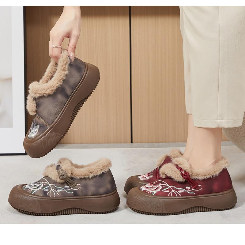 Cotton Shoes Women's Winter Embroidered Fur Shoes Warm Snow Boots with Fleece Thickened Cotton Boots Thickened with Thick Soles and Heightened Boots