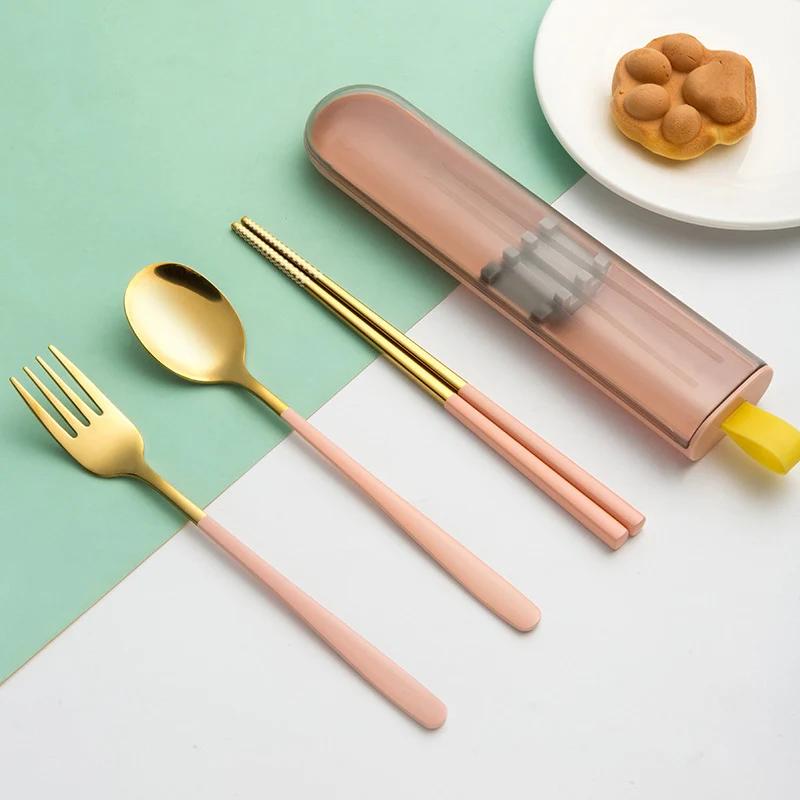 3Pcs Dinnerware Set Spoon Fork Chopsticks Cutlery with Box Portable 304 Stainless Steel Tableware for Travel Camping