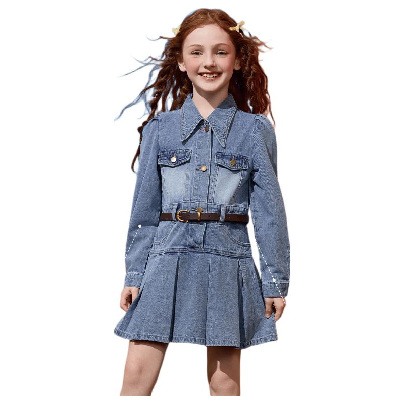ASK JUNIOR Girls  Retro Washed Denim Pleated Dress 110