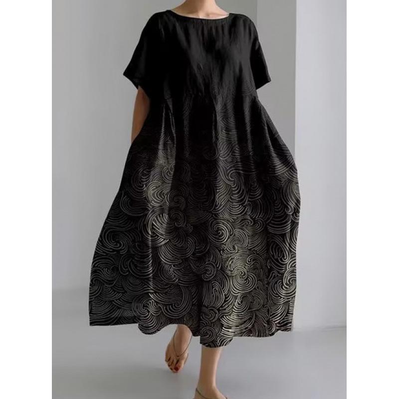 Damen Sommer Übergröße Gestreiftes Print Maxikleid, Lässiges Lockeres Rundhals Kurzarm Oversized A-Linien-Kleid