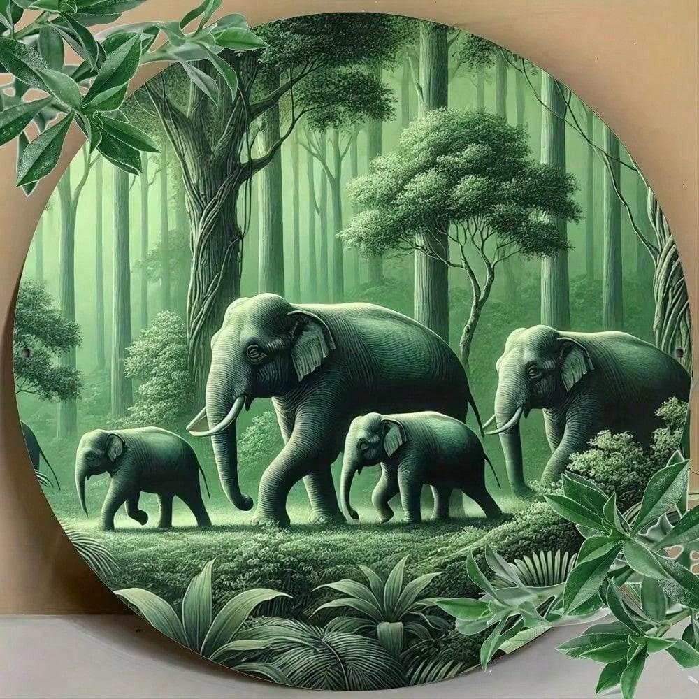 Art Mural Rond en Métal Éléphant de Forêt Vintage 20x20 cm Décor de Bar