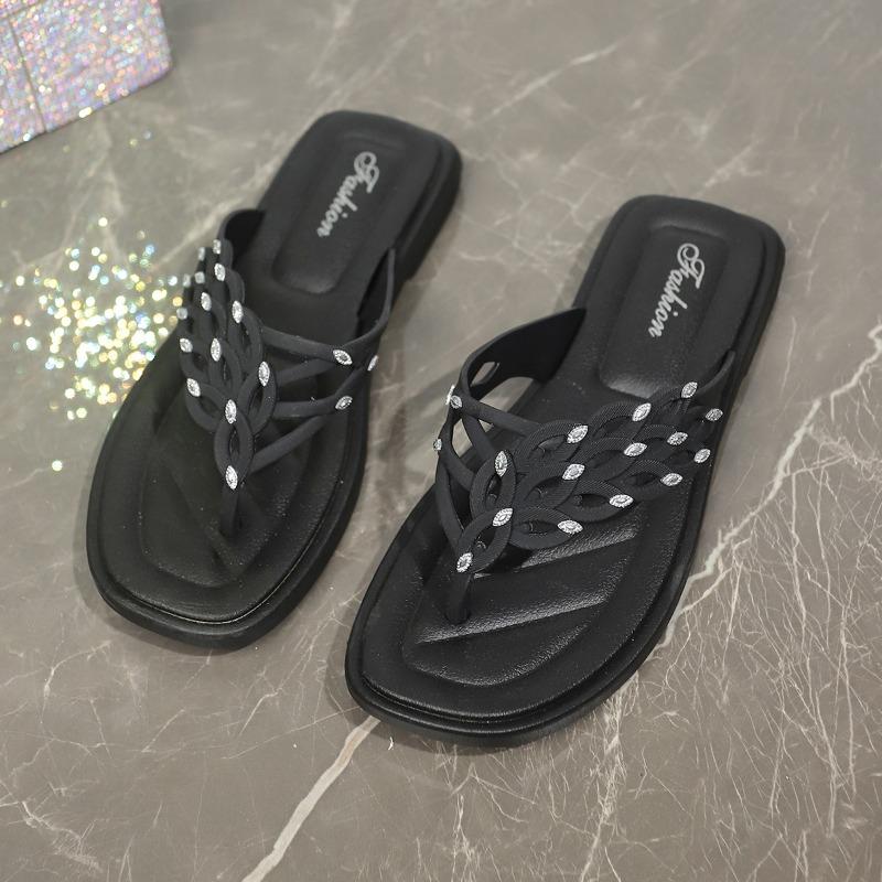Fashion Fashion Flat Sandals Summer New Round Head with Toe Crystal Set Foot Soft Sole Anti-slip Wear-resistant Slippers