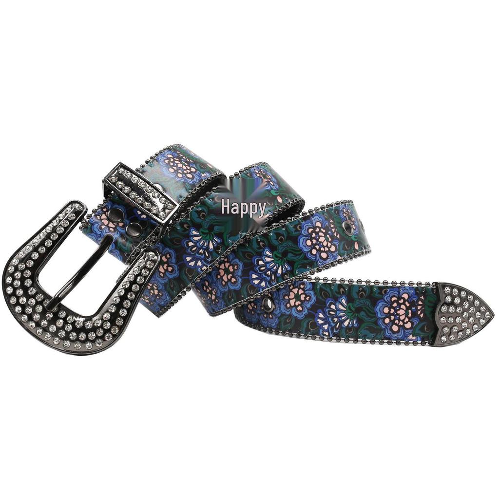 Versatile Women's Rhinestone Belt with Purple & Green Floral Design - Stylish Thin Waist Accessory