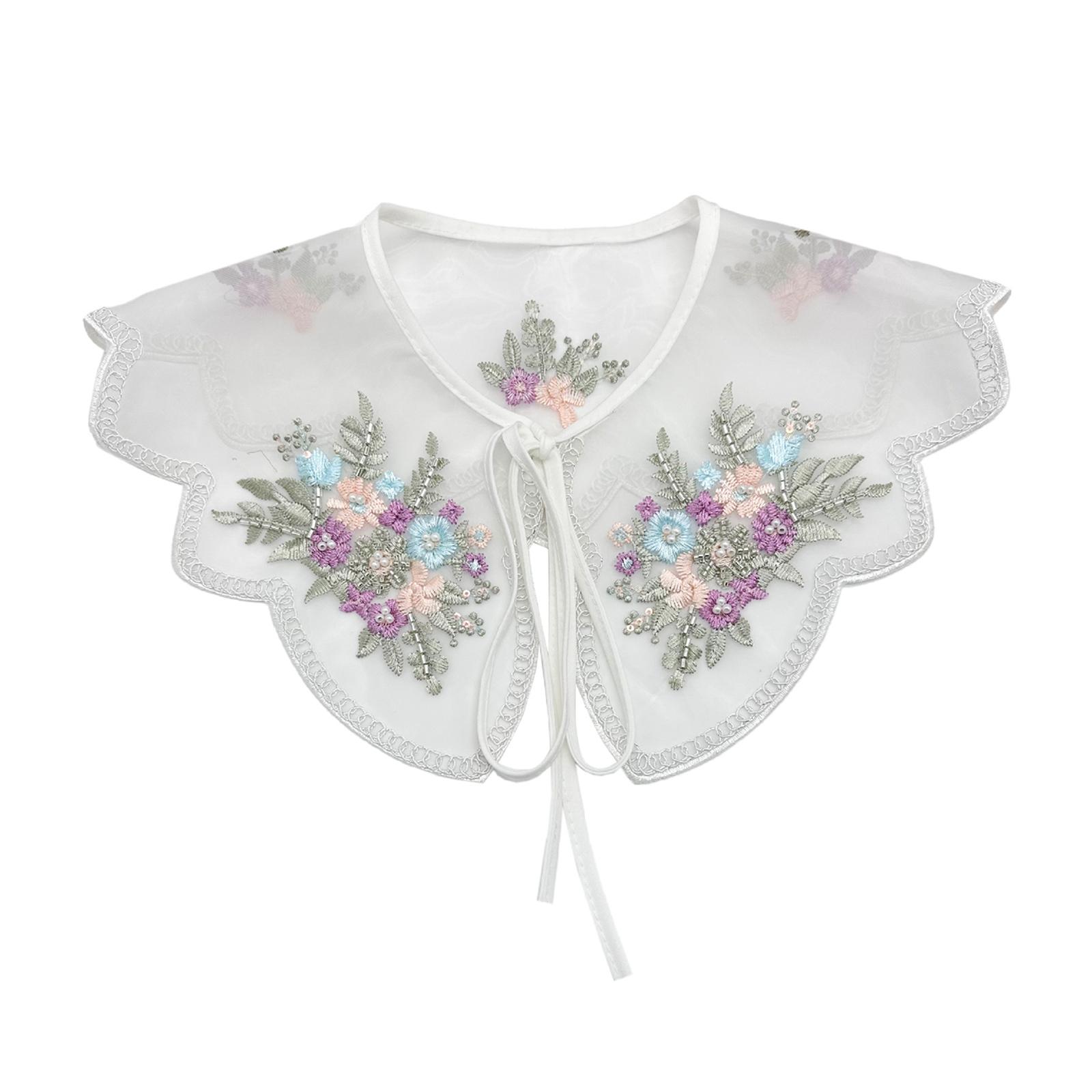 

Fashionable Organza Embroidered Colorful Flower Beaded Faux Collar for Women Removable Wide Lapel Capelet Shawl Wrap A