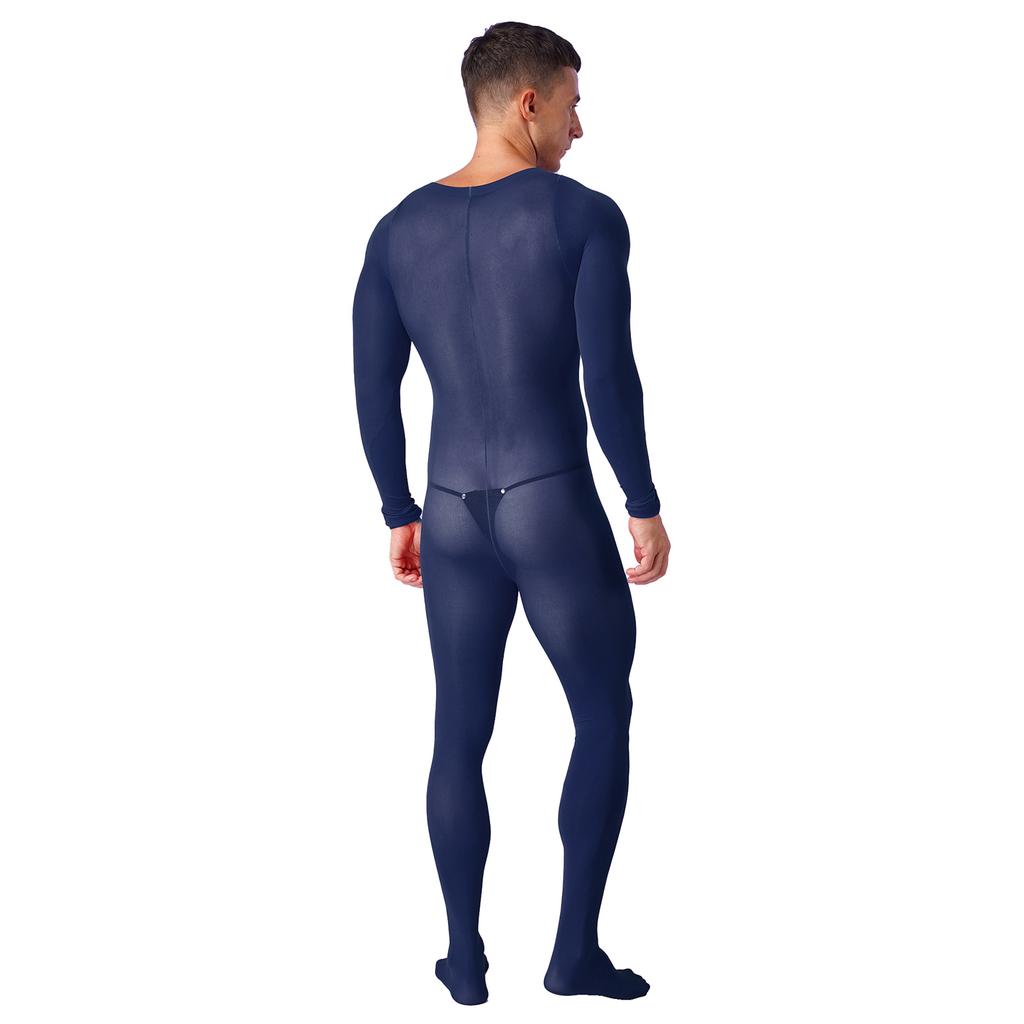 Mens Solid Color Bodystocking Long Sleeve Stretchy Bodysuit with Bulge Pouch Nightwear Underwear