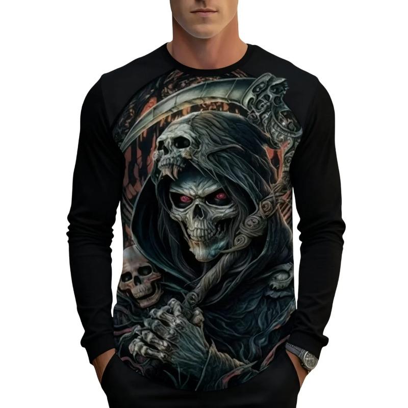 Round Neck 3D Skull Printed T-shirts Casual Short Sleeved Men's T-shirts - Soft Medium Stretch Polyester Fabric Spring and Autumn Relaxed Fit Clothing