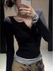 2025 Women's Autumn/Winter Striped Color Block Long-Sleeve Patchwork Two-in-One T-Shirt