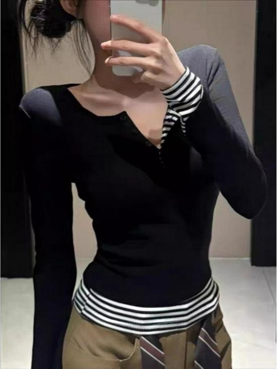 2025 Women's Autumn/Winter Striped Color Block Long-Sleeve Patchwork Two-in-One T-Shirt