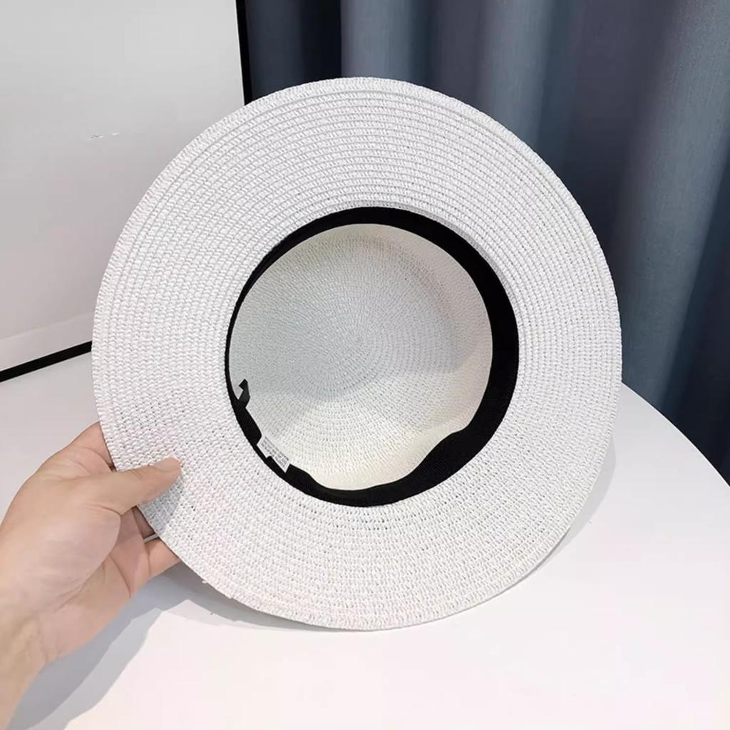 Braided Flat Top Straw Hat - UV Protection, Summer Vacation Style with Letter Logo for Men and Women
