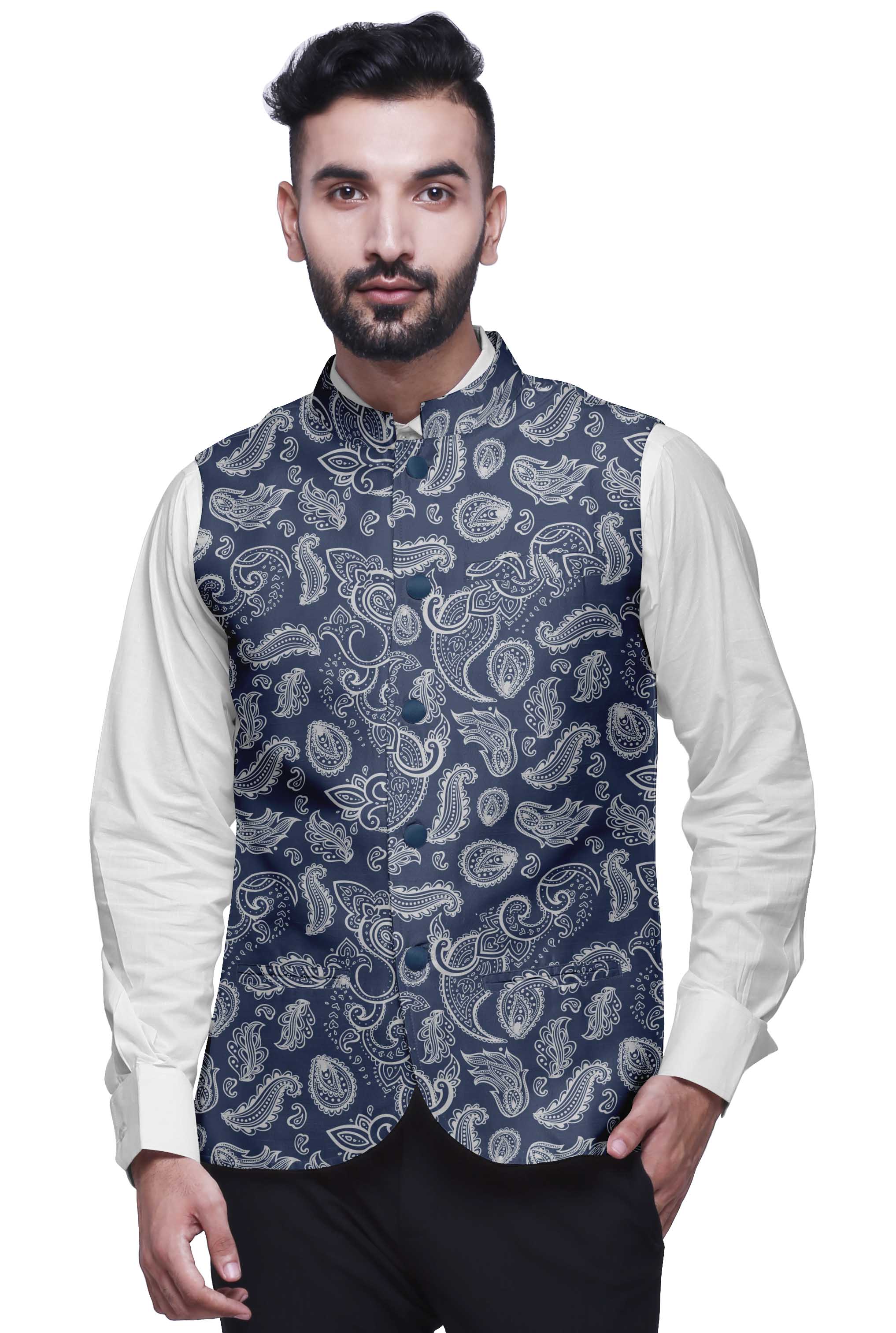 

Чоловічі весільні куртки Atasi Eggplant Purple Abstract Printed Куртка Nehru Поясне пальто для святкових свят XX-Large синій