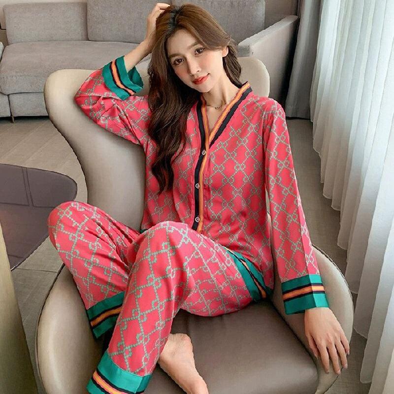 Women's Lingerie Pajamas Set Two-piece Silk Pajamas Long-sleeved Cardigan Trousers Printed Home Clothes Warm Season and Autumn Pajamas