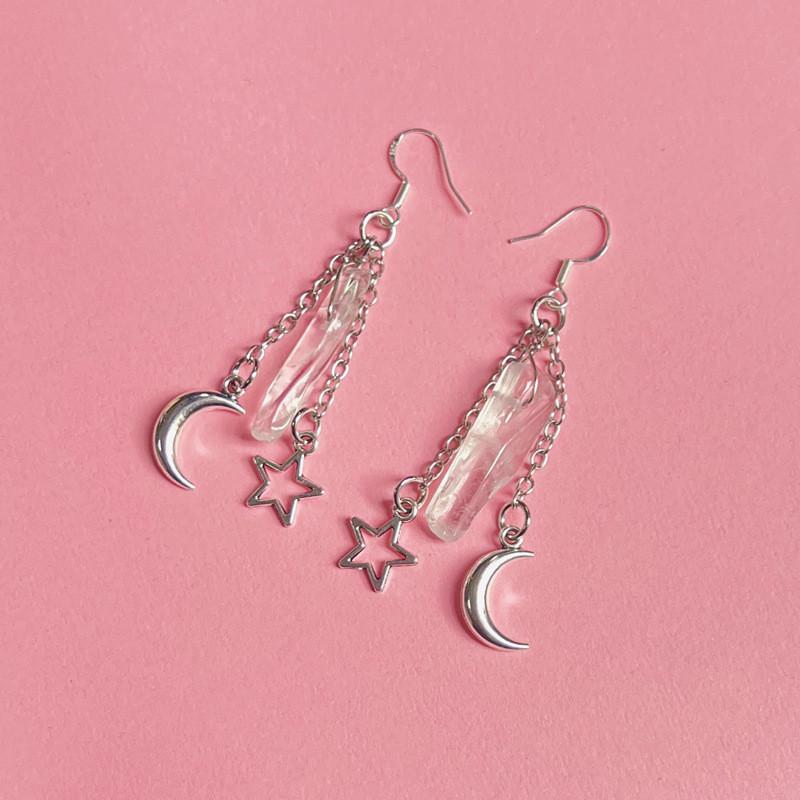 Geometric Water Crystal Moon And Star Earrings With Electroplated Alloy For Fashionable Women