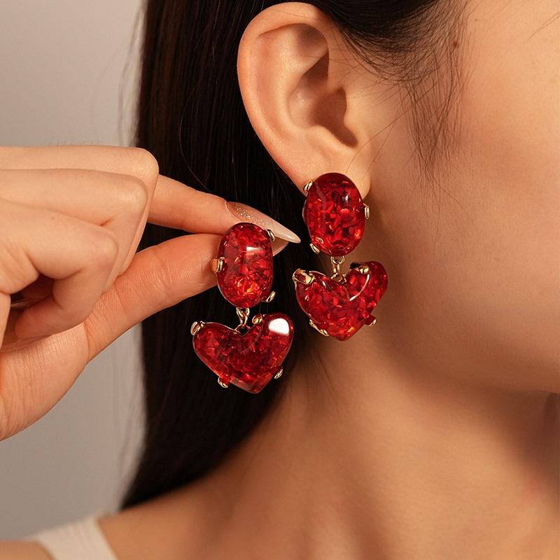 Vintage Red Heart Glass Pendants Earrings For Women Girls Exaggerated Metal Big Heart-Shaped Drop Earrings Wedding Jewelry Gifts