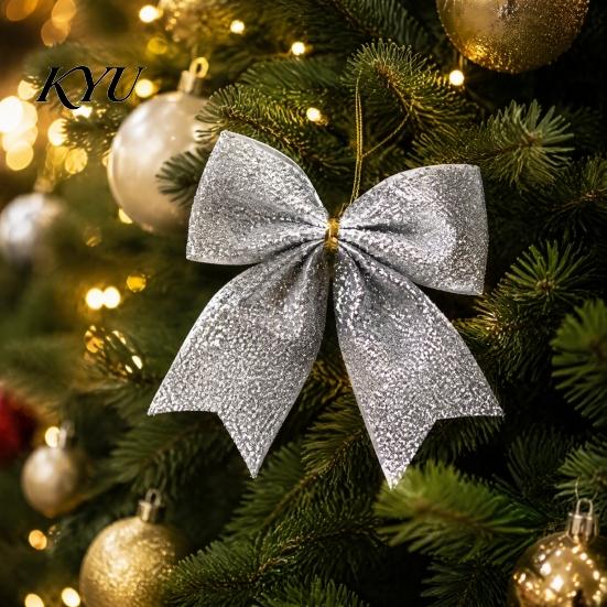 Christmas Tree Bow Decorations Glitter Bow, Gold Sparkling Ribbon Hanging Ornament for Powder Ties Gifts Wreath Gift Box, Festive Wedding Party Decor