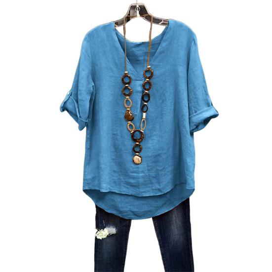 

Women Shirt V-Neck Short Sleeve Shirt Pure Color Loose Fit Tee Summer Casual Blouse Work Parties L синій